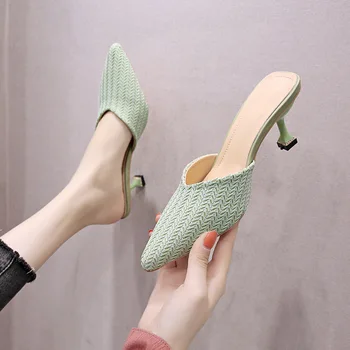 

High-heeled Shoes Lady Med Loafers Woman's Slippers Pointed Toe Slides Thin Heels Heeled 2020 Soft Cover Rome Rubber Sexy