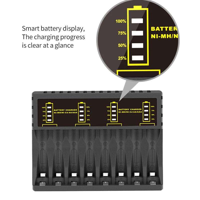 PUJIMAX Smart Battery Charger 8 Slots with LED Indicator for Ni-MH/Ni-Cd Rechargeable Battery Short Circuit Protection Chargers