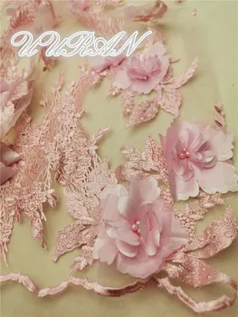 

White pink 3d flower French Lace Fabric High Quality African Tulle Embroidered Lace Fabric For Wedding