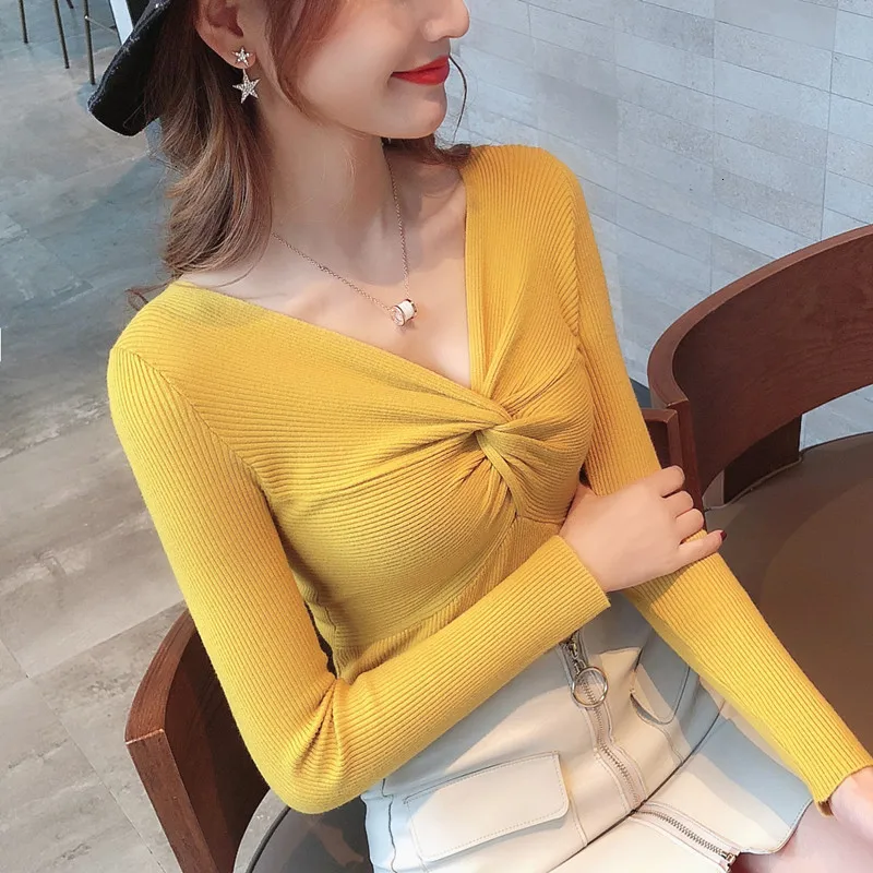 

Fashion Sexy V -neck Tight Trui Female Long sleeves Wrapped Chest Short Slim Knee Deep Point Trui Stretchy Jumper Tops