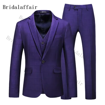 

KUSON Purple Plaid suits 2020 New Men Suits 3 Pieces Slim Fit Business Suits Groom Notch Lapel Tuxedos for Formal Party Wear