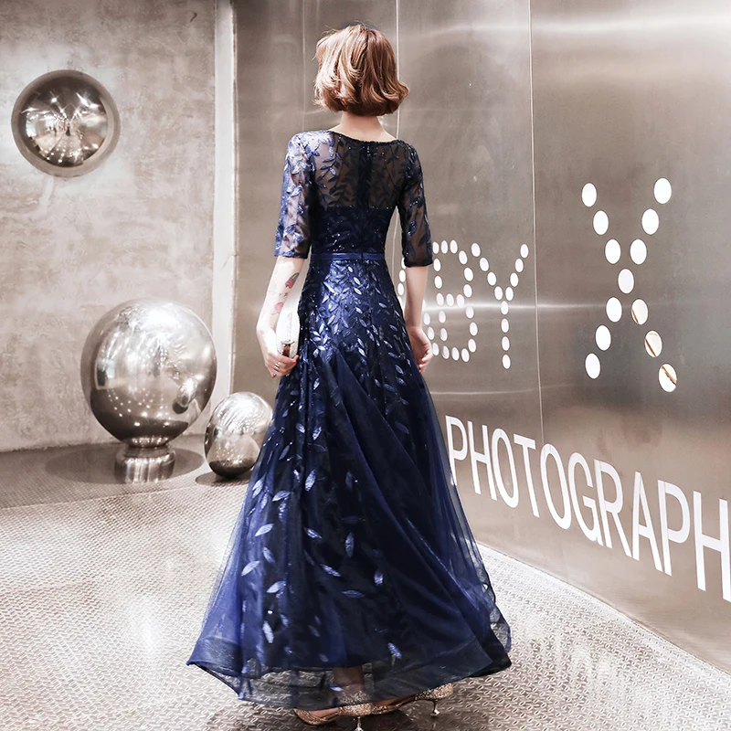 AE541 Сексуальные вечерние платья новые o-образным вырезом Половина рукава с аппликацией из кружева и тюля Длинные вечерние платья халат Soiree