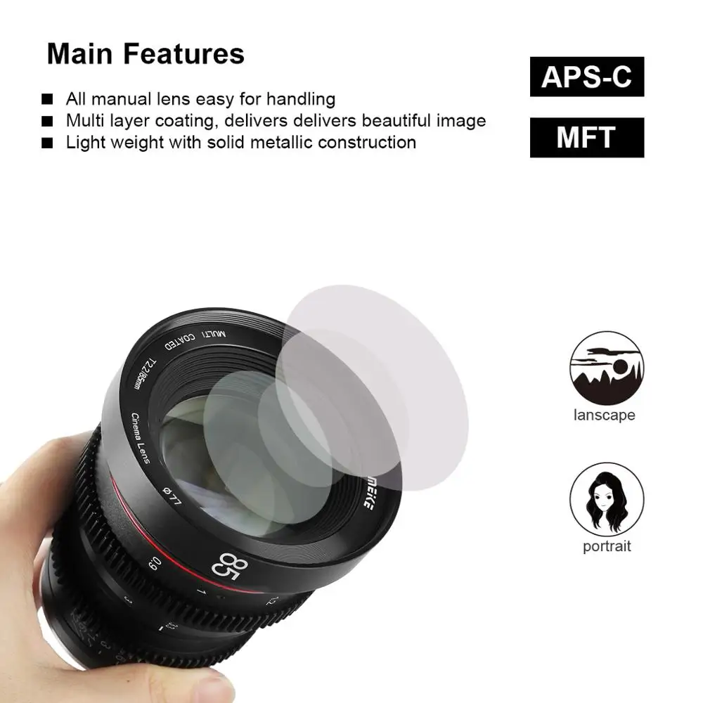 US $399.99 Meike 85mm T22 Manual Focus Portrait Cine Lens For Olympus Panasonic M43 Mount For Sony E Mount For Fujifilm X Mount Camera