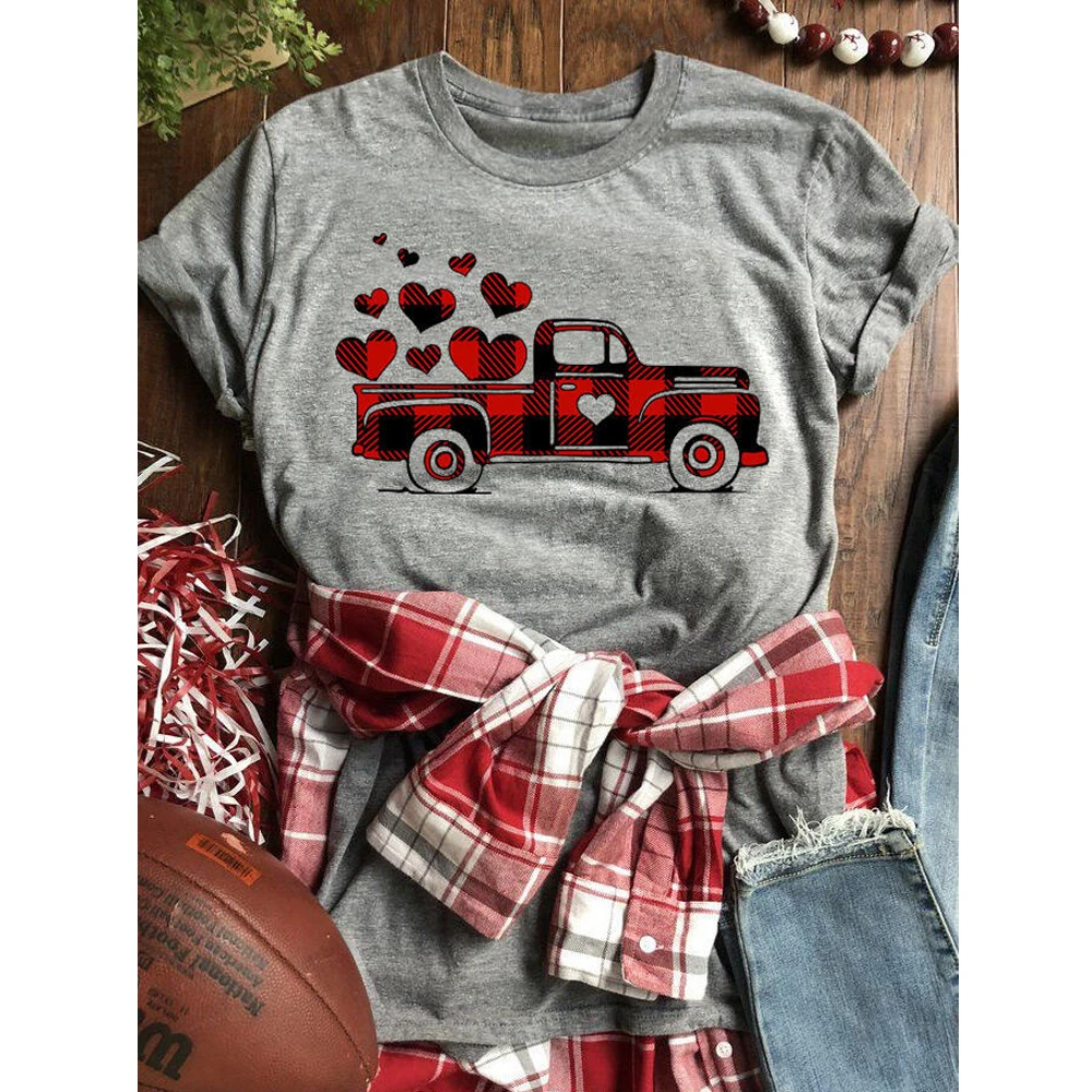 

Plaid Splicing Truck Heart Colored Printed T-shirt Stylish Valentine's Day Gift Tshirt Cute Women Graphic Valentines Tees Tops