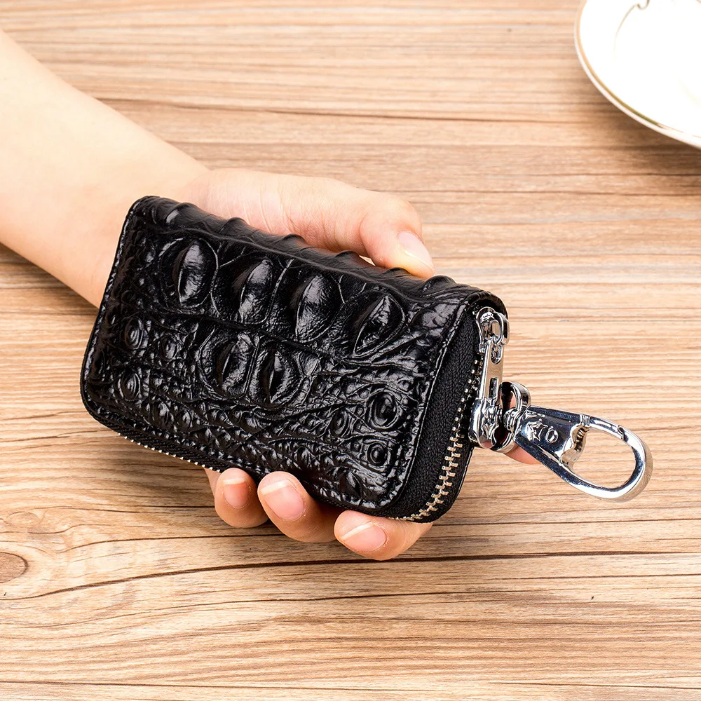 

Brand Cowhide Key Card Holder High Quality Genuine Leather Crocodile Pattern Key Case Zipper 6 Key Rings Organizer Car Key Bag