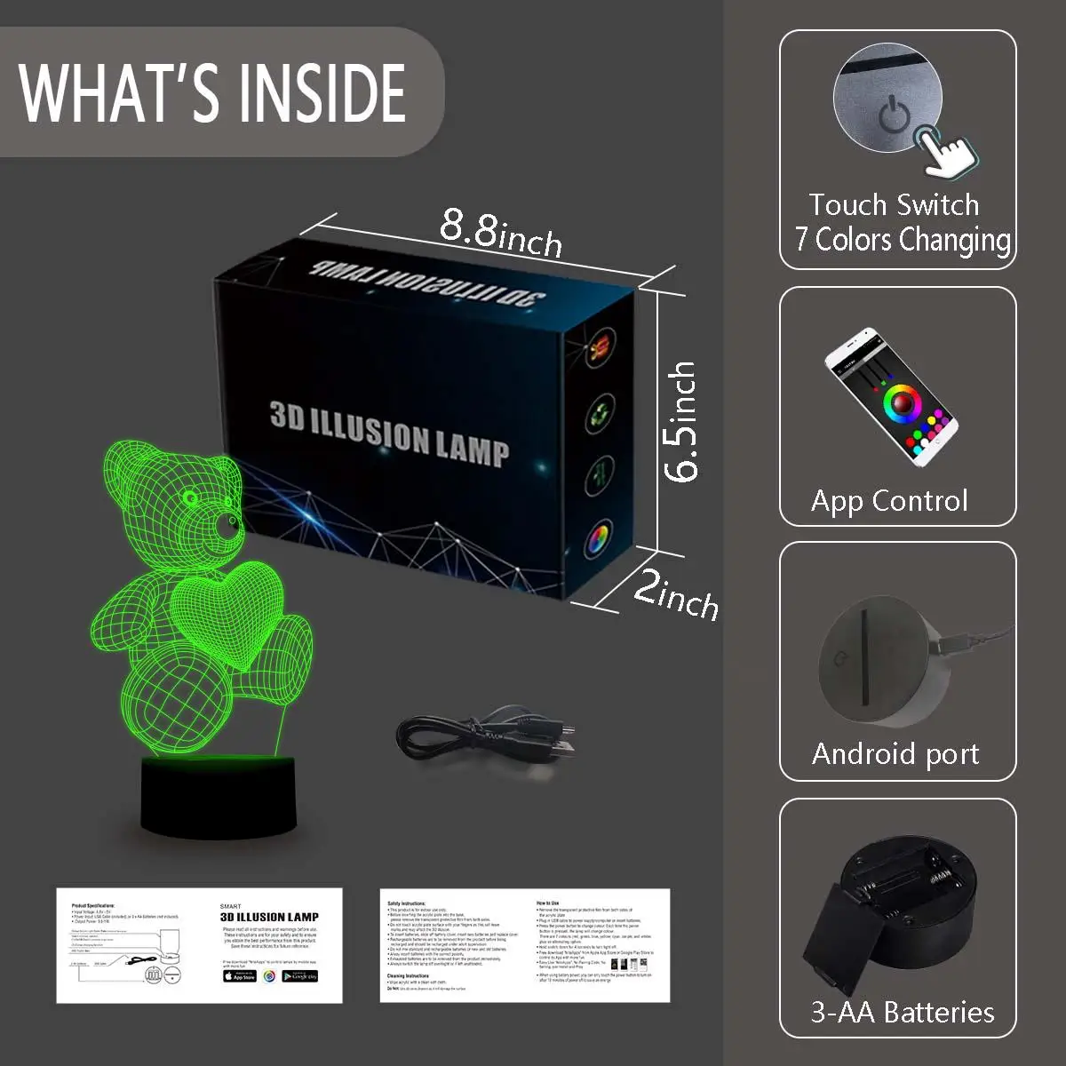 NiteApps медведь с сердцем 3D RGB светодиодный ночник настольная иллюзия Лампа подарок на день рождения приложение/сенсорный контроль