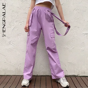 

SHENGPALAE 2020 New Summer Street Vintage Patchwork Joggers Sweatpants Harajuku Woman Trousers Elastics High Waist Pants ZA4067