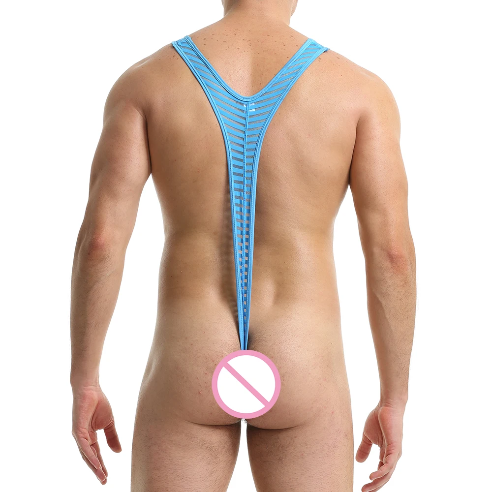 Description Picture 4 of itemSexy Men Underwear Ice Silk Ultra-thin See Through Porno Bodysuit Leotard Striped Sheer Undershirts Thongs T-back Gay Jumpsuit