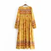 Yellow Floral print beach Bohemian Vintage Chic women flare sleeve v-neck Maxi dress  rayon cotton Boho dress ► Photo 2/6