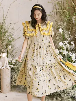 

XUXI Original Design Fashion Flower Print Girl Long-sleeved Dress Mid-length Floral Loose Dress 2020 Women New Summer FZ1324