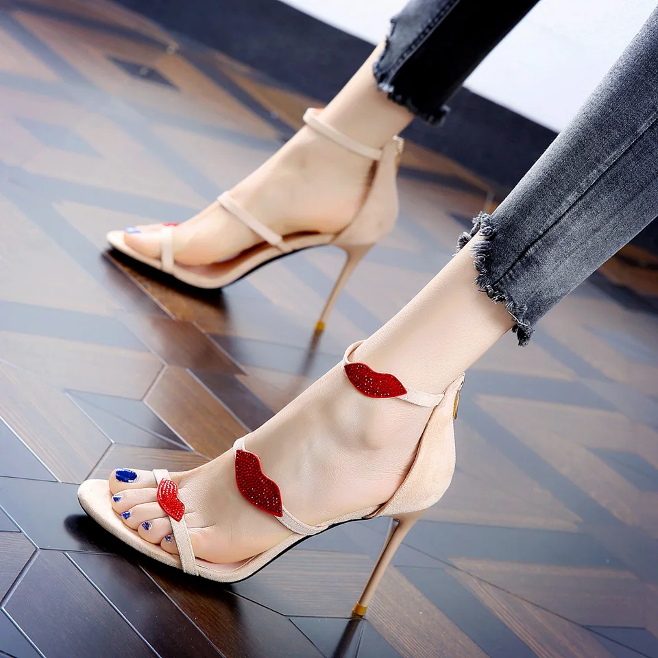 

2019 Autumn New Sexy Sweet Ladies Party Banquet Sandals Rhinestone Lip Print Color Matching Zipper Suede Women Summer Shoes
