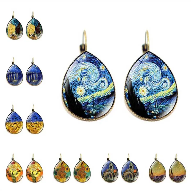 

Classic Van Gogh Painting Teardrop Earrings Vintage Jewelry Starry Night Picture Glass Dome Water Drop Women Earrings