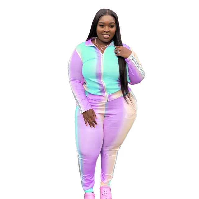 Plus Size X 5XL Rainbow Color Women Casual Two Piece Set Long Sleeve Zipper Jacket Pencil Pants Casual Suits| - AliExpress