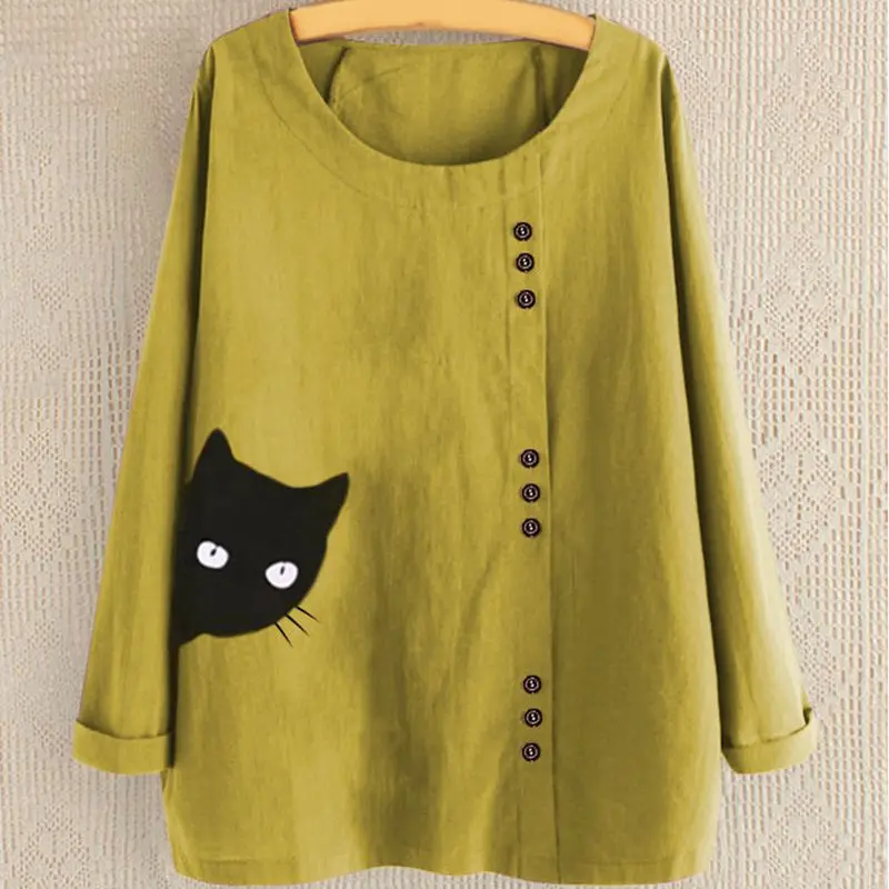 

Mferlier Simple Casual Tops Big Sizes Women Cartoon Print Long Sleeved Buttons Black Yellow Pink Green 8XL Autumn Womens Blouses