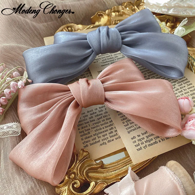 

High Quatity Hair Clip For Girl Fashion Bright Hairpins Silk Crystal Yarn Oversized Barrette Bow Hairgrip Woman Hair Accessories