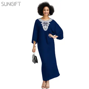

SUNGIFT Dashiki African Women Dress Round Neck Hollow Print Dress Half Loose Sleeve 2019 Summer Fashion Dress Casual Dresses