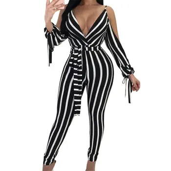 

2019 Women Fashion Deep V neck Striped Jumpsuit Sleeve Strap Slim Bodycon Stripe Jumpsuit Romper Trousers Clubwear popular