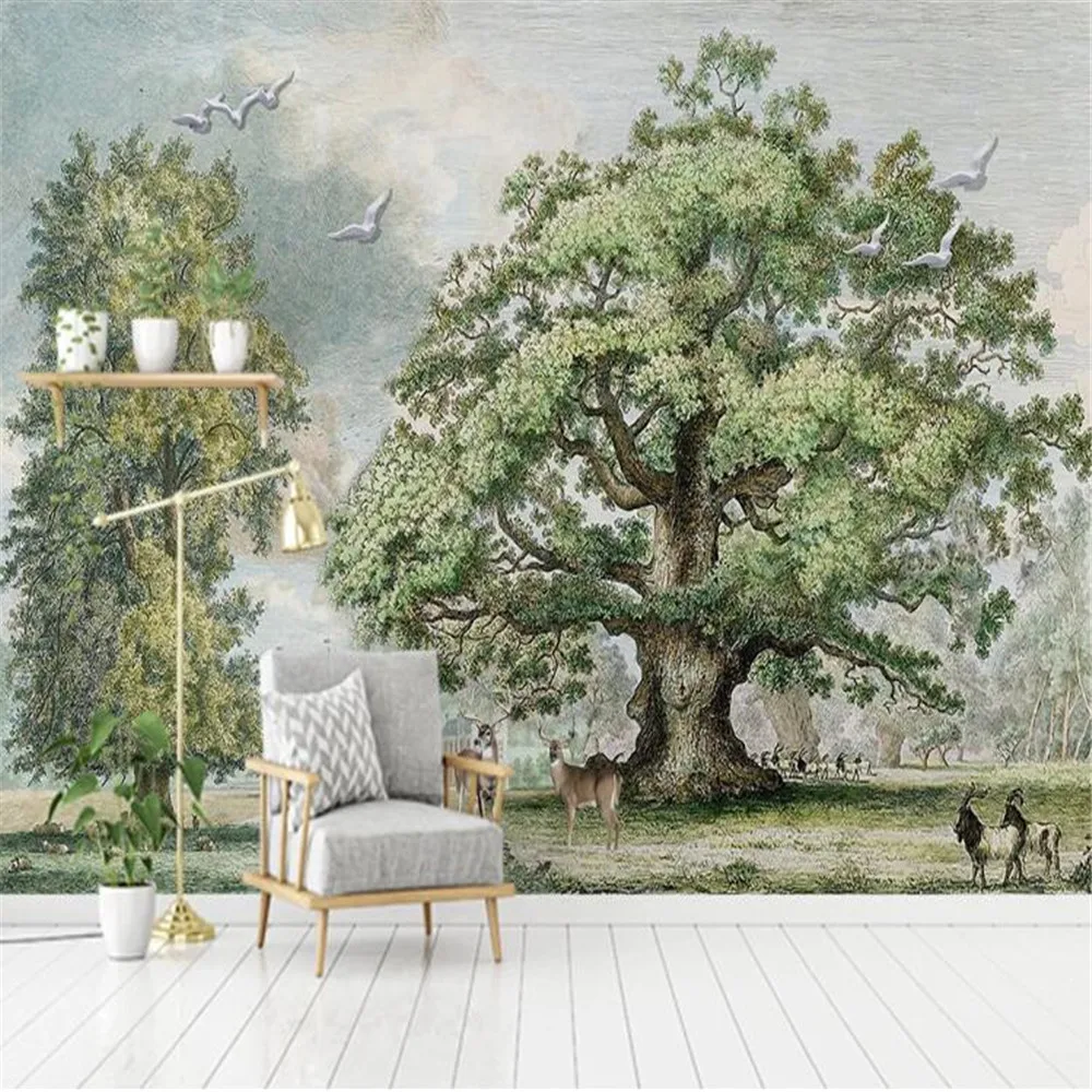 Milofi Custom photo wallpaper home decoration European forest big tree elk oil painting background wall mural milofi custom 3d geometric architectural lines large tv bedroom background wallpaper mural