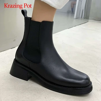 

Krazing pot stretch boots natural leather patchwork round toe thick high heels slip on pretty girls daily wear ankle boots L61