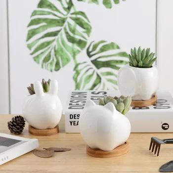 

Ceramic Animal Succulent Flowerpot Set With Bamboo Support Rabbit Flower Pot Balcony Decor Garden Pots Home Desktop Decoration