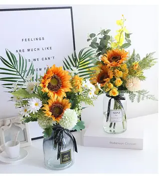 

MODERN GLASS VASE+ARTIFICIAL FLOWER SET DECOR HOME OFFICE DESKTOP FURNISHING DECORATION CRAFTS LIVINGROOM SILK FAKE FLOWER POT