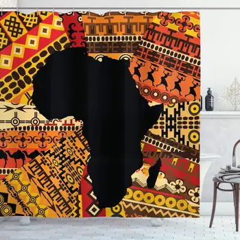 

African Decor Shower Curtain by Abstract Art Style Africa Map on Ethnic Carpet Background Illustration Fabric Bathroom Decor Set