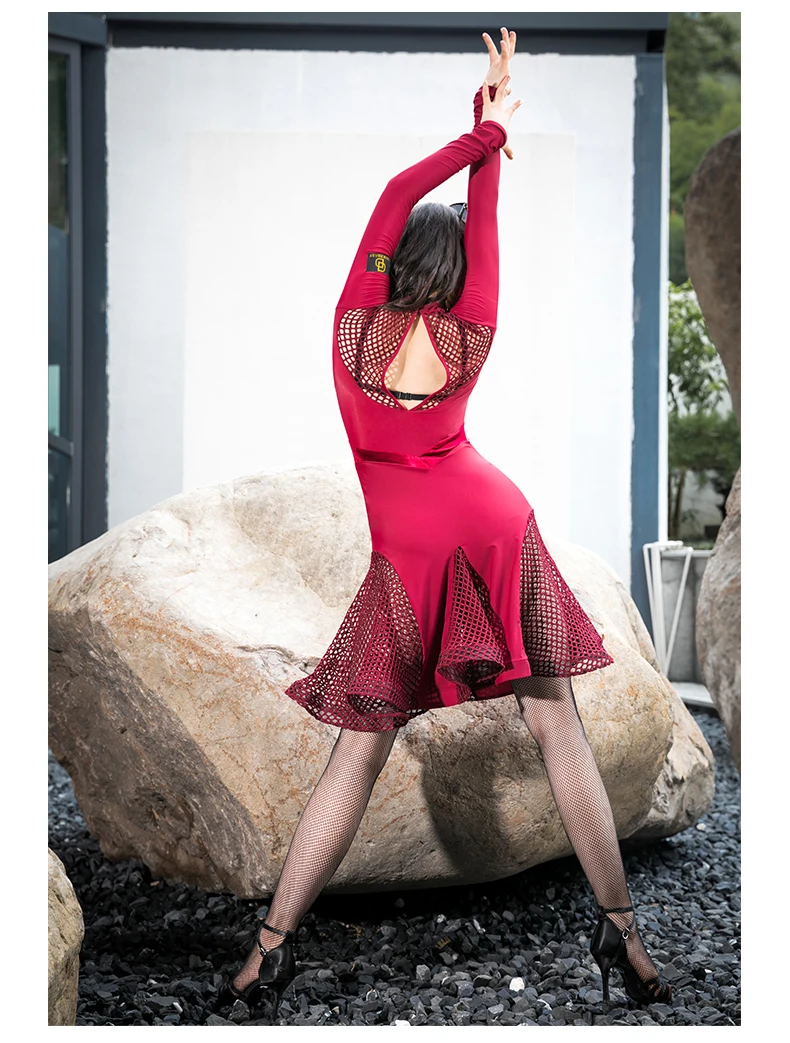 Модное платье для латинских танцев для женщин, танго, сальса, ча, ча, Самба, Румба, одежда для выступлений, одежда для Бальных тренировок с длинным рукавом, DF1777
