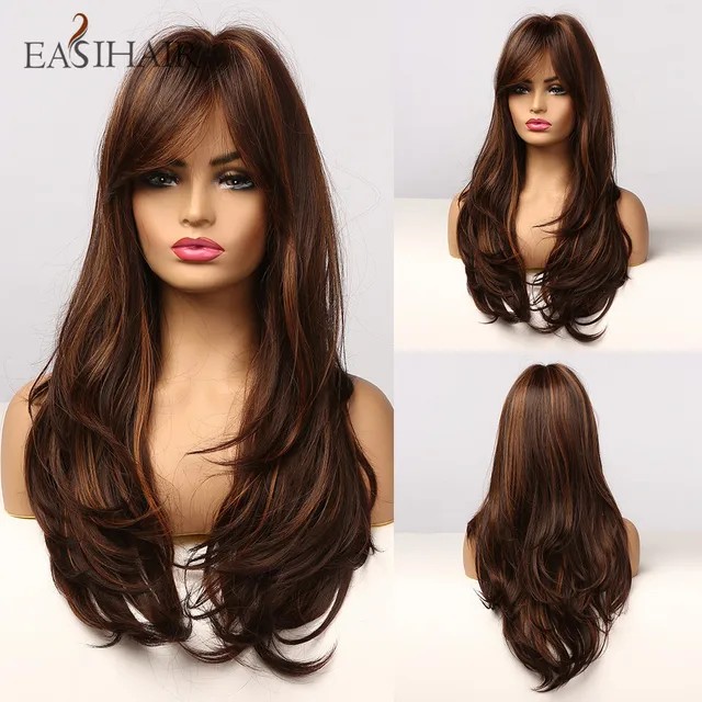 EASIHAIR Long Dark Brown Women's Wigs with Bangs Water Wave Heat Resistant Synthetic Wigs for Black Women African American Hair LC353-2