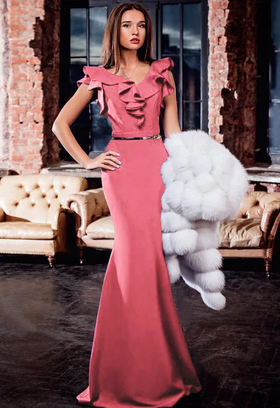 Tanie Elegancka suknia wieczorowa długa, maksi sukienka suknia w stylu syreny de Soiree Ruffles żółta zielona kobiety jesień sukienka Vestido de Fiesta MC 2870