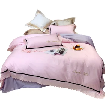 

Princess Wind Lace Pink Bedding 60 Cotton Embroidery Four-Piece Cotton Pure Color Simple Bedding