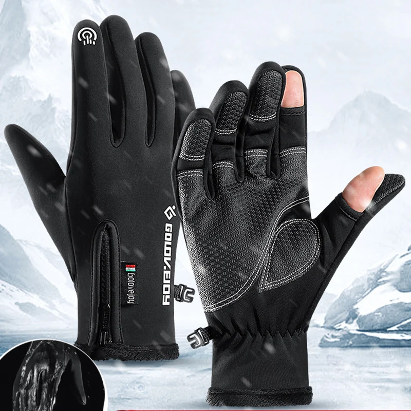 2 Fingers Flip Touchscreen Gloves Winter Warm Waterproof Windproof Glove Motor Cycling Velvet Mittens Women Men Angling Gloves