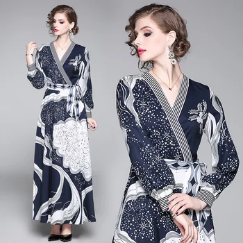 

Spring Fall Leopard Print Maxi Dress 2020 New Fashion Women Long Sleeve V-neck Belt Bow Dress Vintage Floral Printed Long Dress