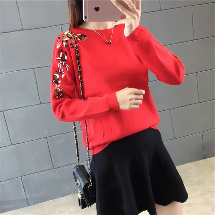 

Embroidery Sweater Women's Spring New Style Loose-Fit Short Korean-style Students Tops Pullover Versatile Embroidered Knit Low W