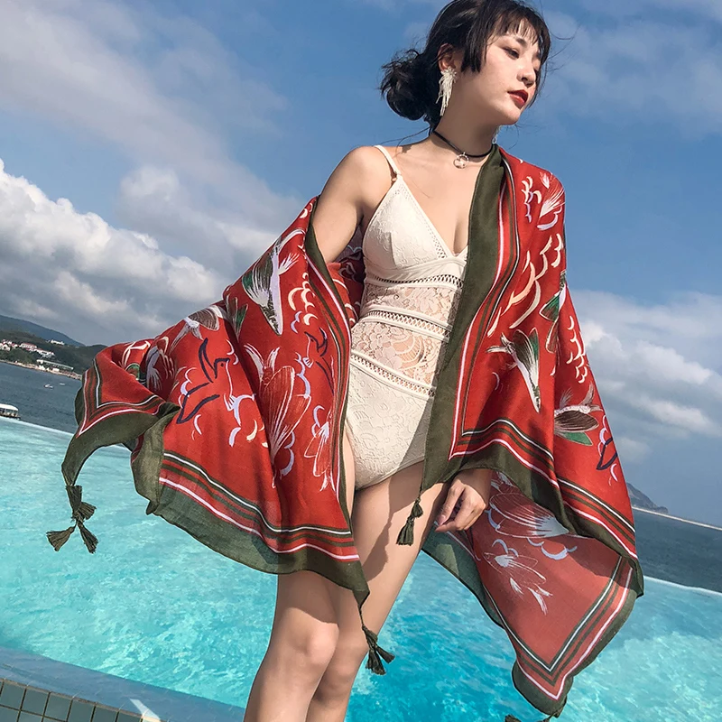 New scarf ladies summer national wind shawl scarf dual-use beach towel large sunscreen red exotic boho