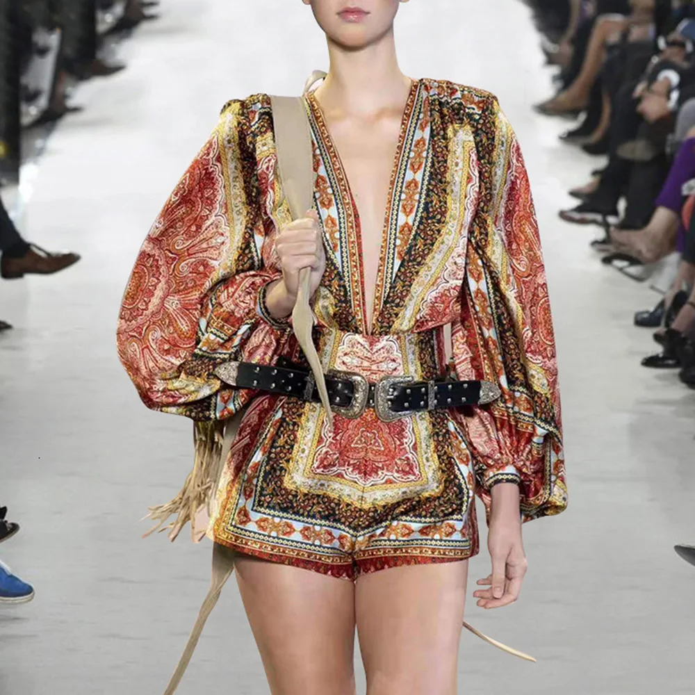 

Vintage Women Boho Bodysuits Retro Ethnic Geometric Print Long Sleeve Fashion Chic Rompers Bohemian Playsuits Jumpsuit