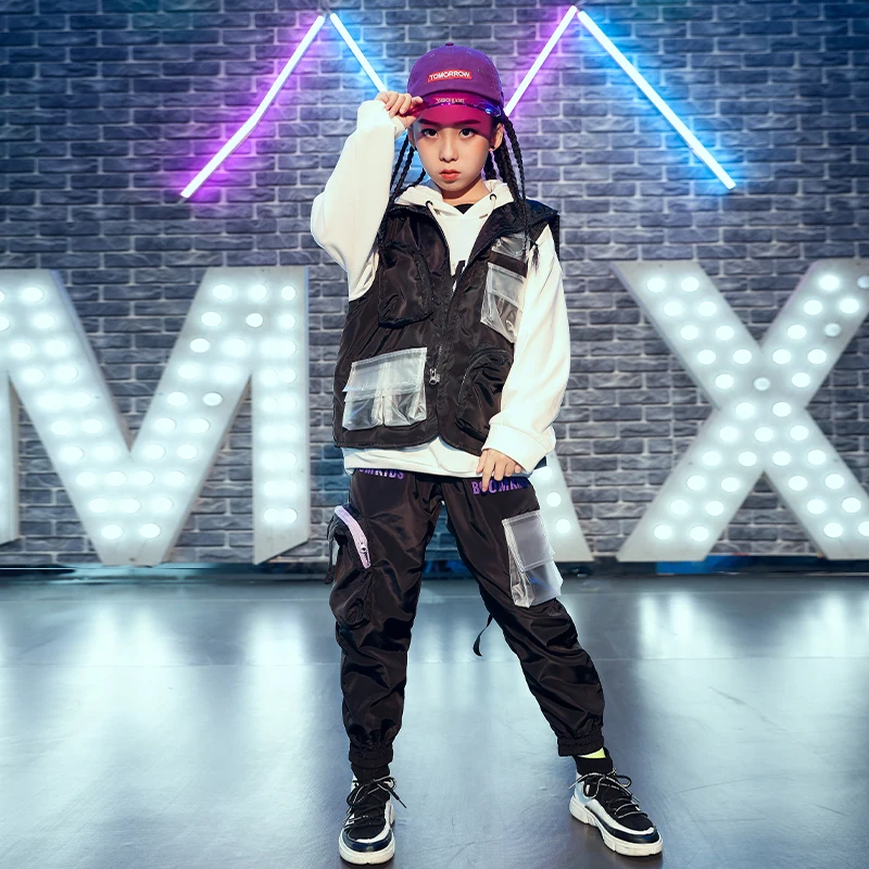 

Girls Hip Hop Costume Boys Street Dance Performance Clothing Children Jazz Dance Practice Autumn Tide Black/Red Clothes DQL2436