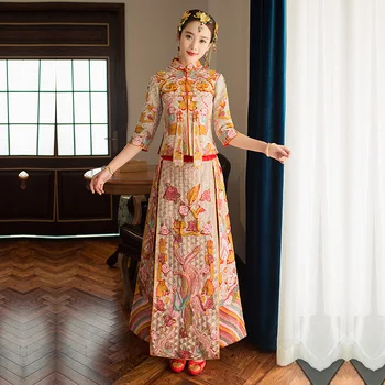 

Long Wedding Cheongsam Floral Embroidery Champagne Dragon Qipao Vestidso Chinese Star Same Style Female Marriage Dress Suit