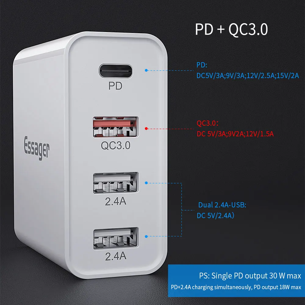 Essager 48W Multi Universal USB Ladegerät Schnell Ladung 30 QC3.0 QC PD Typ C Schnelle Ladegerät Fü