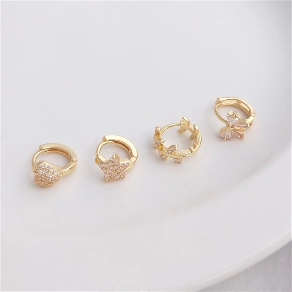 14K Gold Plated Micro-inlaid zircon twigs peach star bow-knot earrings buckles fashion light luxury earrings