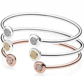 

Original Rose Gold & Silver Signature With Crystal Open Bangle Fit 925 Sterling Silver Bead Charm Bracelet DIY Fine Jewelry