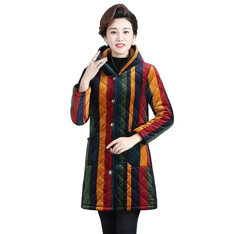2021 Middle-aged Winter Women Prints Cotton Jacket Plus velvet Warm Grandmother Outerwear size Loose Hooded Coat | Женская одежда