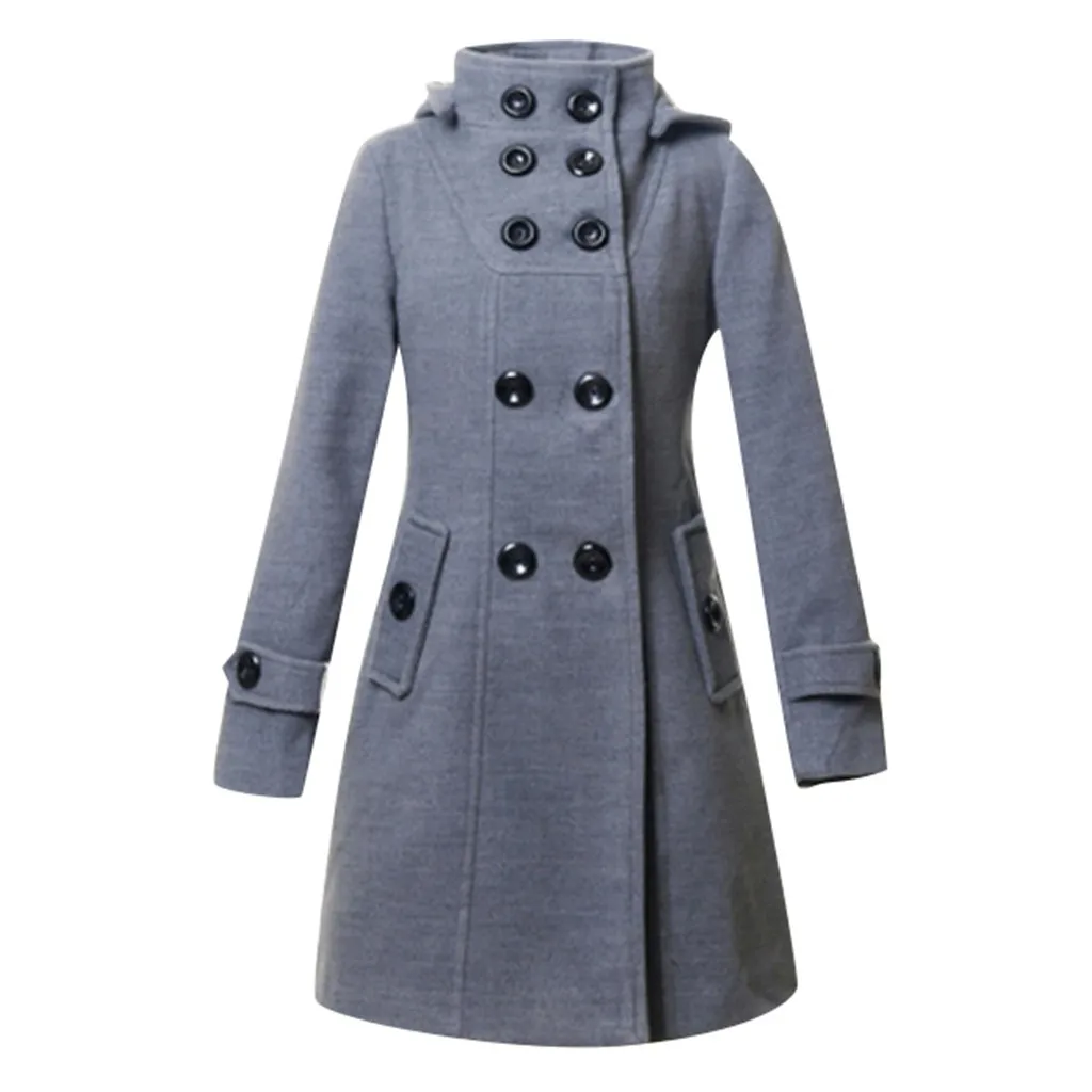 Осенне-зимнее женское Шерстяное Пальто с капюшоном, двубортная верхняя одежда с высоким воротником, куртка, пальто, свободное Женское пальто