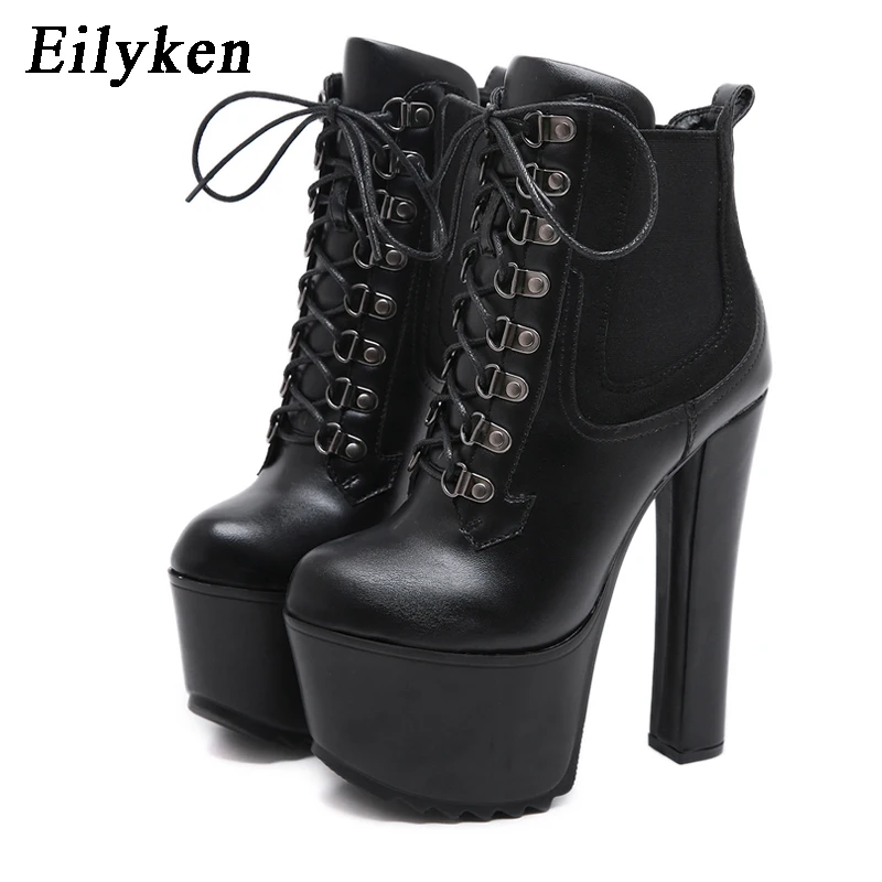 

Eilyken Leisure High Heel Women Boots Platform Lace Up PU Leather Short Boot Black Round Toe Ladies Shoes Riding Equestrian Boot