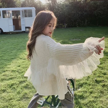 

Autumn 2020 foreign trade children's foreign mesh gauze flash sweater girls' solid color super fairy cardigan jacket