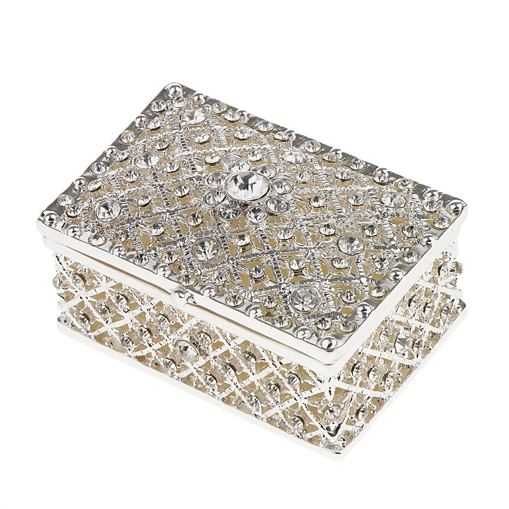 Rhinestone Hollow Storage Box silver color Plated Trinkets Magnet Clasp Case Wedding Gift Room Decorations