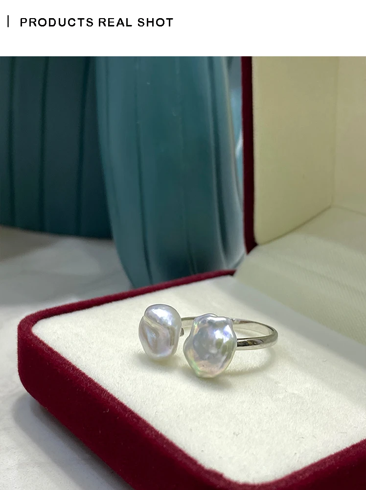 2021 Summer Female Pearl Ring Baroque Pearl Open Ring Adjustable Ring Setting Double Bead Ring Simple Female Ring Woman's Jewelr