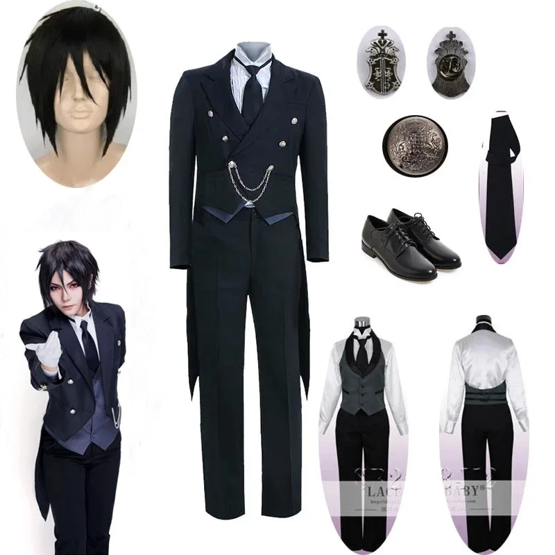 Black Butler Kuroshitsuji Sebastian Michaelis Black Uniform Cosplay Costume 
