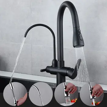 

Deck Mounted Black Kitchen Faucets Pull Out Hot Cold Water Filter Tap for Kitchen Three Ways Sink Mixer Kitchen Faucet ELK9139B
