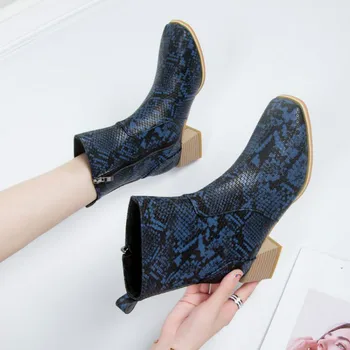 

2019 new thick with square head snake pattern women's leather boots large size 42 43 fashion blue woman shoes ladies short boot