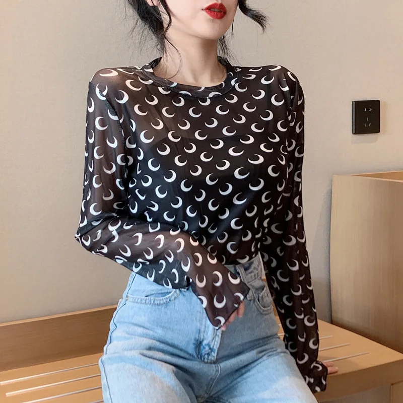 

Spring and Autumn Women Tops Tees O-Neck Slim Top Retro Moon Pattern Print Thin Long Sleeve Bottoming Female T-Shirt AEHQ053